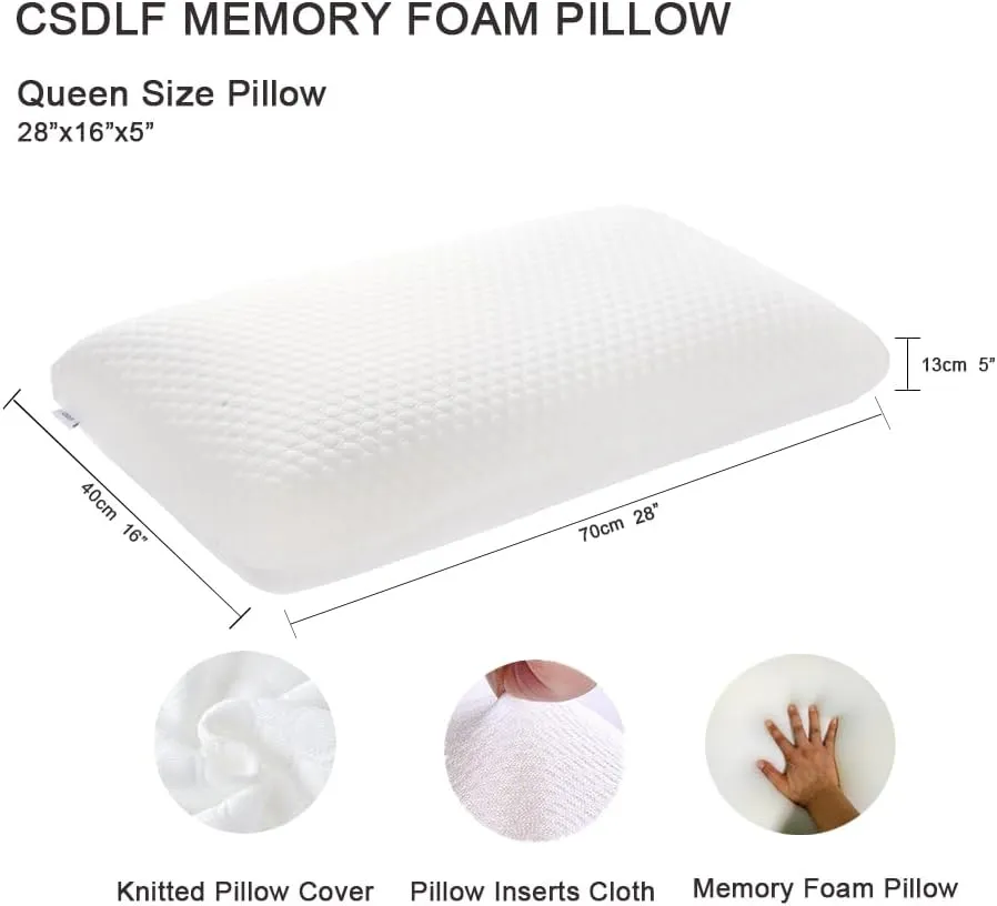 Memory Foam Bed Pillows, Pillow for Side and Back Sleeper, Pillow for Neck Pain Relief, Washable Removable Cover, Soft, White (Queen)
