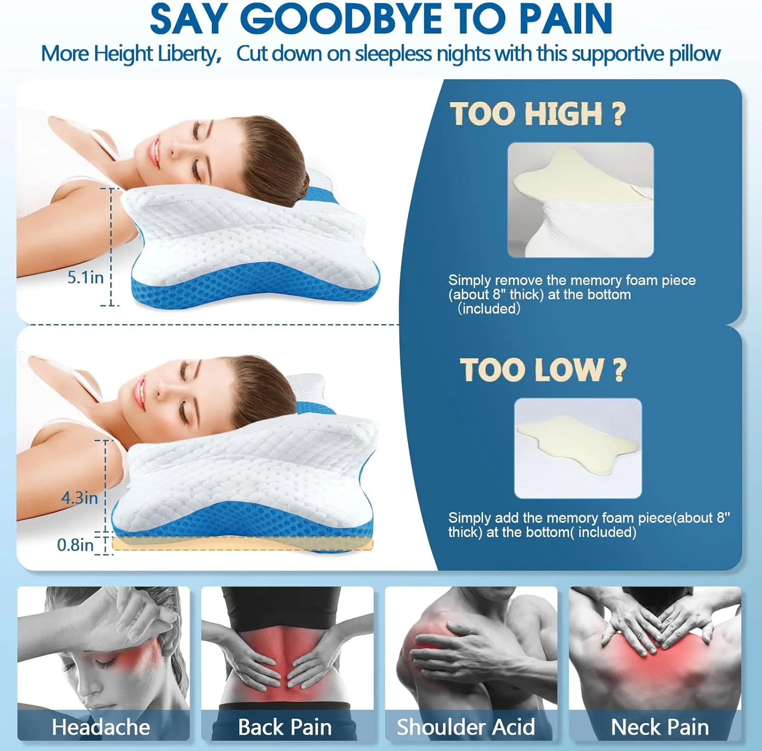 Memory Foam Pillows, Cervical Pillow for Neck and Shoulder Pain Relief, Ergonomic Contour Bed Pillow, Soft for Side Sleep Stomach Sleeping and Back Sleeper