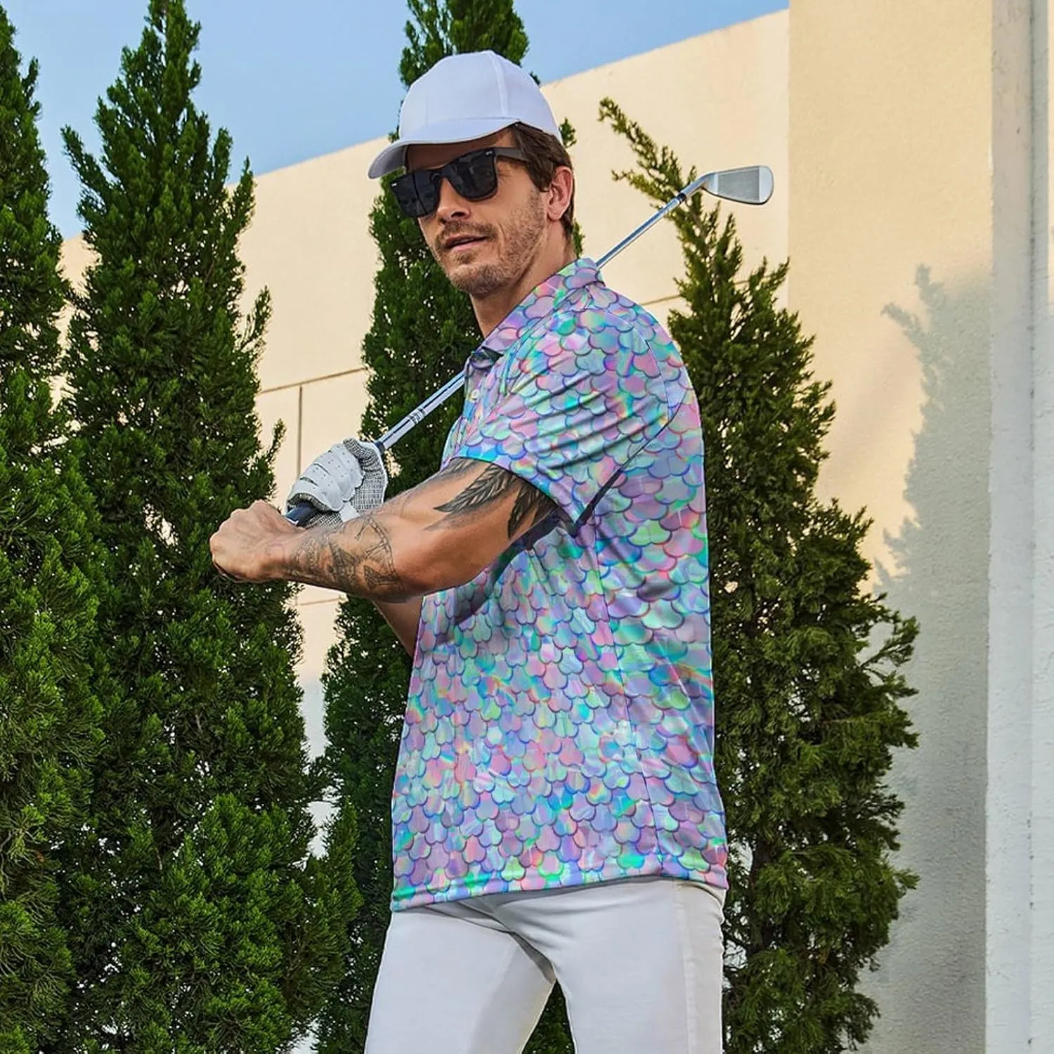 Men’s Golf Polo Shirts - Hawaiian Print Golf Shirt for Men Quick-Dry Moisture Wicking Casual Breathable Polo Shirt