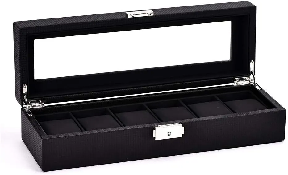 Mens Jewellery Box 6 Grid Watch Box Black Carbon Fiber Transparent Lid Jewelry Display Box for Watches Bracelets Lockable Watch Case Storage Organizer Elegance Gift Box for Women and Men Wrist Watch