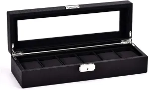 Mens Jewellery Box 6 Grid Watch Box Black Carbon Fiber Transparent Lid Jewelry Display Box for Watches Bracelets Lockable Watch Case Storage Organizer Elegance Gift Box for Women and Men Wrist Watch