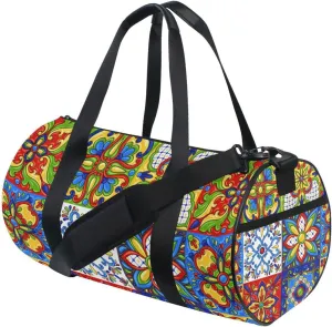 Mexican Talavera Ceramic Tile Ethnic Folk Ornament Italian Pottery Duffel Bag, Foldable Canvas Travel Tote for Gym Sports with Inner Pockets, Durable Lightweight Fitness Bag for Overnight Workout