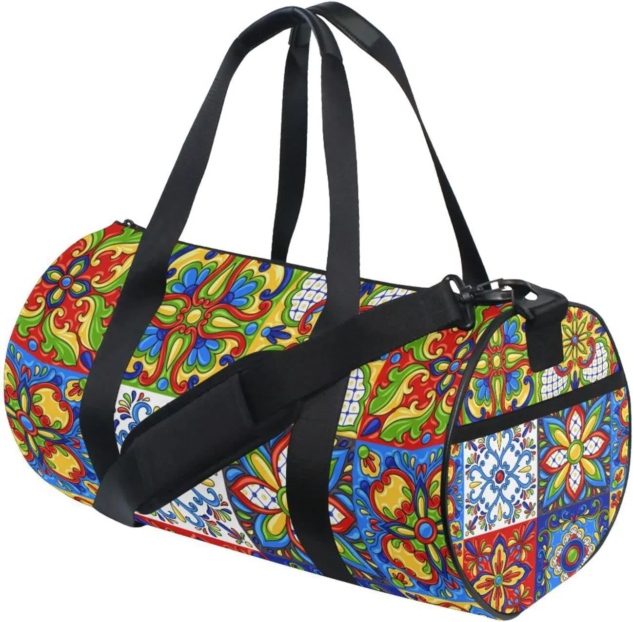 Mexican Talavera Ceramic Tile Ethnic Folk Ornament Italian Pottery Duffel Bag, Foldable Canvas Travel Tote for Gym Sports with Inner Pockets, Durable Lightweight Fitness Bag for Overnight Workout