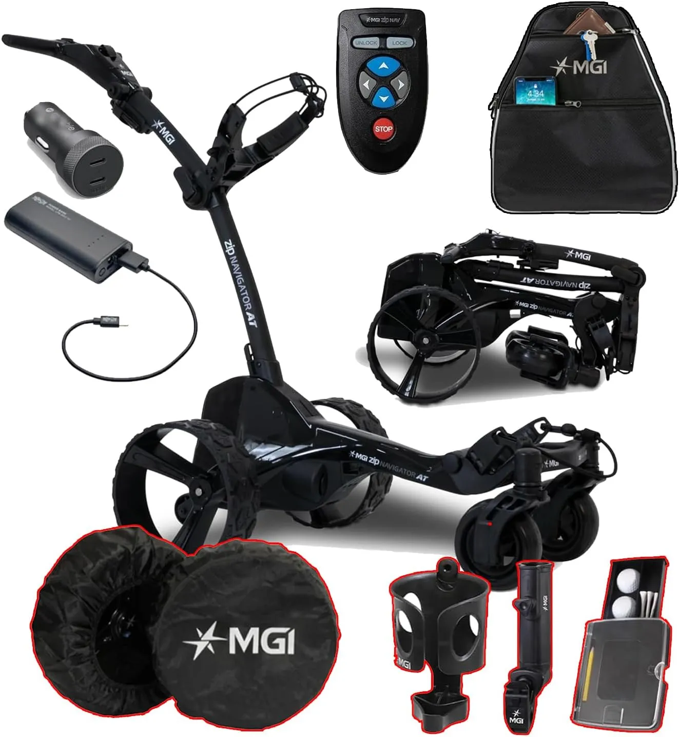 MGI Zip Navigator at All-Terrain Remote Golf Cart with Accessories | Power Bundle | 3-Year Warranty | 36 Holes Extended Battery (Power & Cooler)