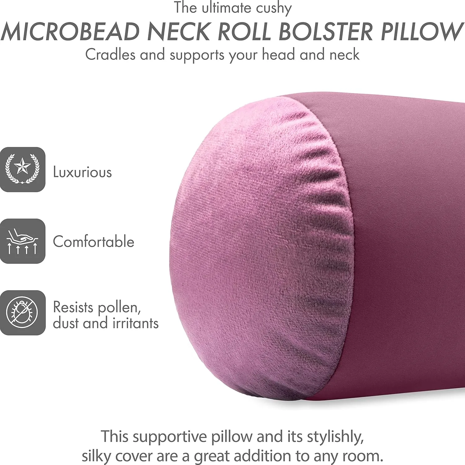 Microbead Bolster Neck Roll Pillow, Gently Body, Head, Neck & Shoulders No Pain Rest, Relax Sleep - Silky Feel Prevent Wrinkles & Hair Breakage - Lightweight Cylinder Tube, 14" x 8", Burgundy /Merlot
