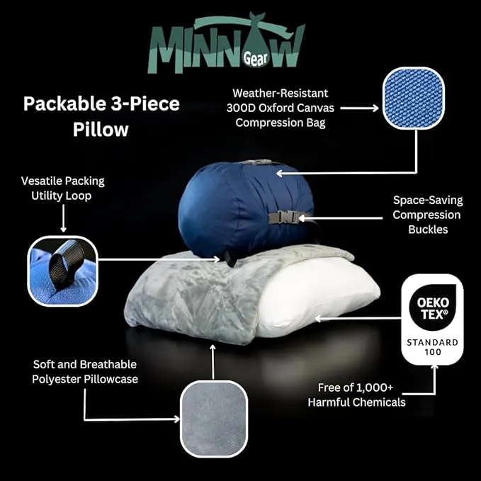 Minnow Pillow Camp and Travel Pillow - Sleep Any Where Any Way - Essential for Car, Camping, Airplanes, and Roadtrips - Not Memory Foam or Inflatable - Eco-Friendly - Oxford Compression Bag