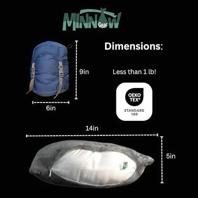 Minnow Pillow Camp and Travel Pillow - Sleep Any Where Any Way - Essential for Car, Camping, Airplanes, and Roadtrips - Not Memory Foam or Inflatable - Eco-Friendly - Oxford Compression Bag