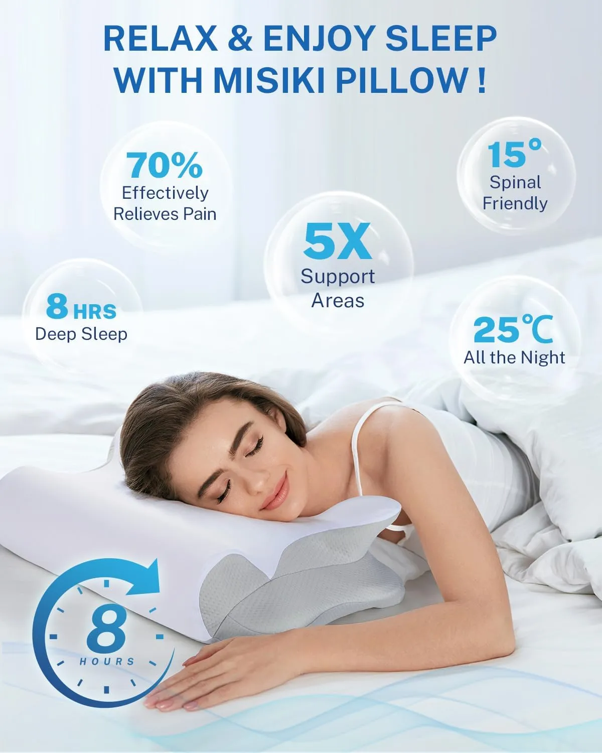 Misiki Cervical Neck Pillow, Roll Side Memory Foam Contour Pillow for Side Back Stomach Sleepers, Orthopedic Ergonomic Pillow for Neck Pain Relief with Pillowcase