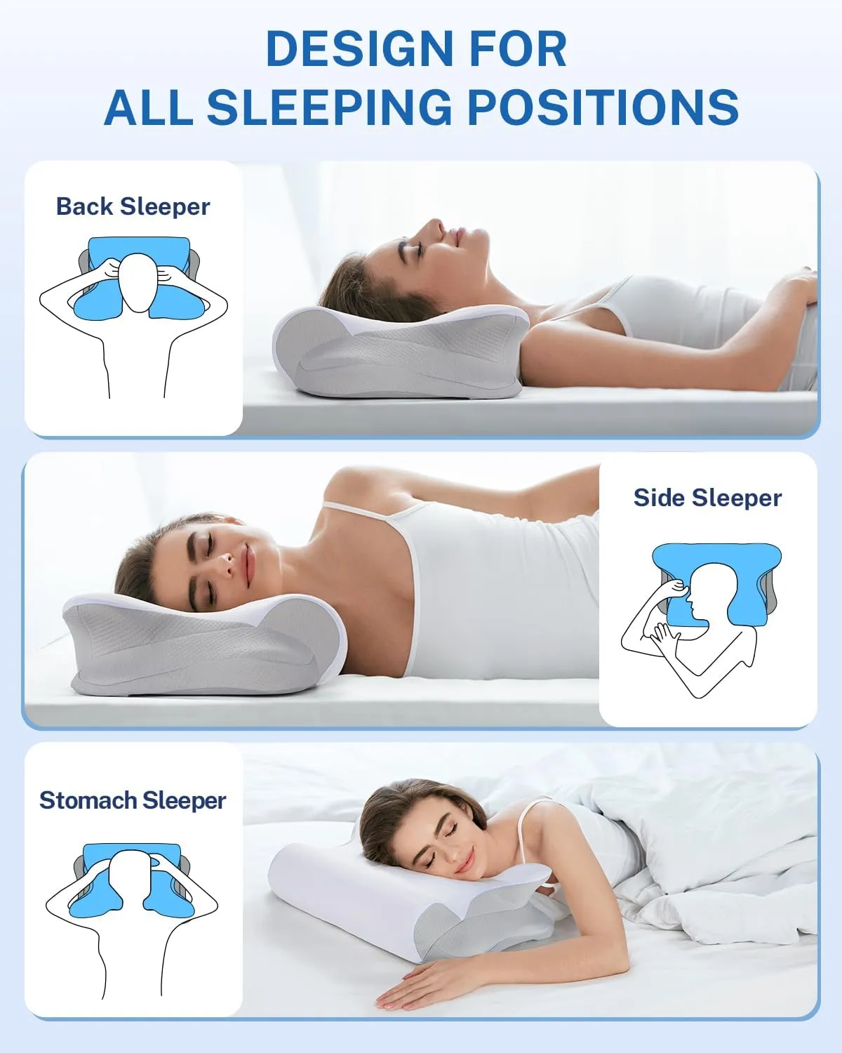 Misiki Cervical Neck Pillow, Roll Side Memory Foam Contour Pillow for Side Back Stomach Sleepers, Orthopedic Ergonomic Pillow for Neck Pain Relief with Pillowcase