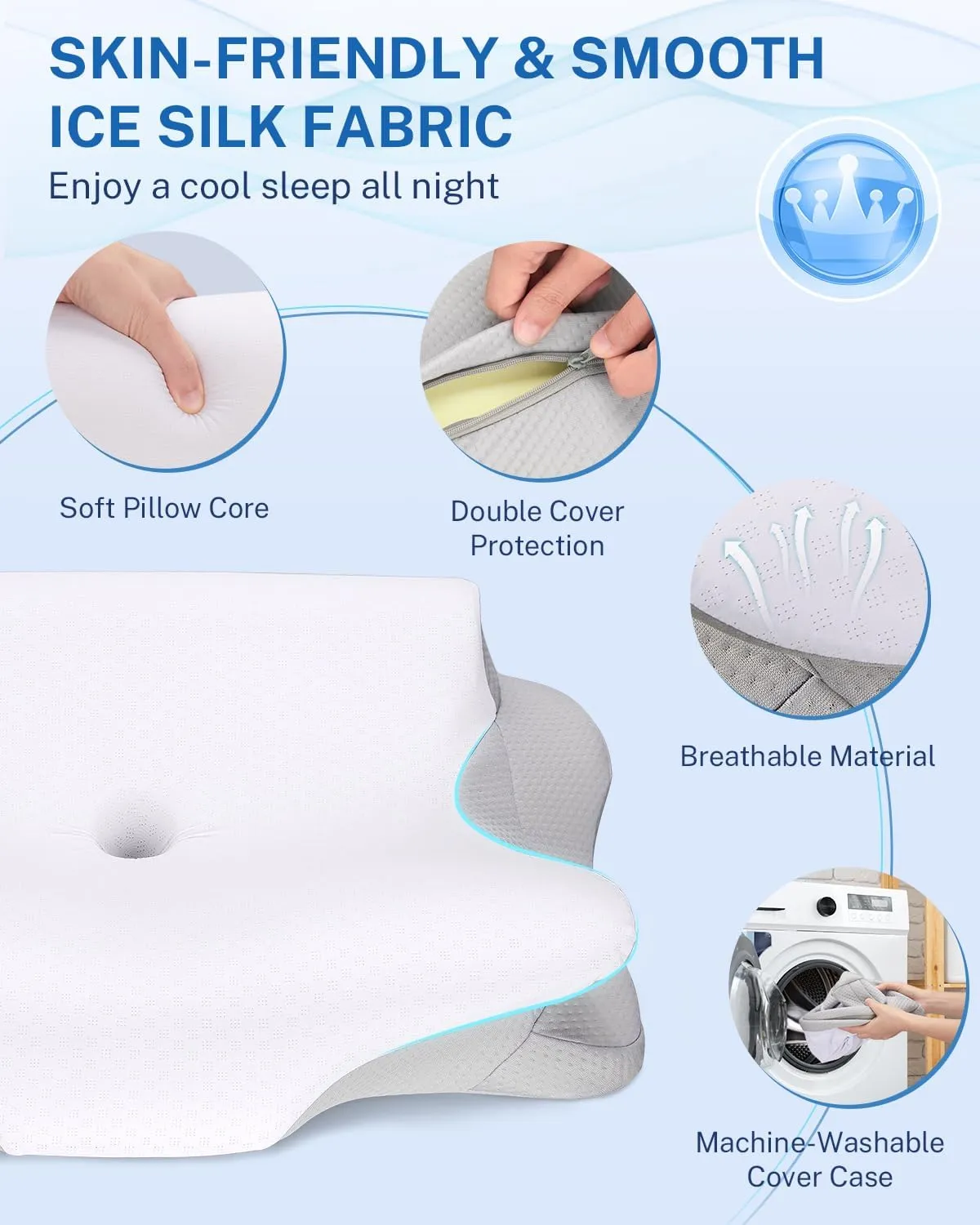 Misiki Cervical Neck Pillow, Roll Side Memory Foam Contour Pillow for Side Back Stomach Sleepers, Orthopedic Ergonomic Pillow for Neck Pain Relief with Pillowcase