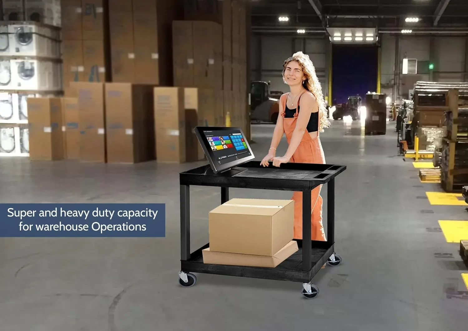 Mobile Multipurpose Utility Tub Cart with 2 Shelves, Push Handle, 400 lbs Capacity - Black, Ideal for Garage, Warehouse, Office, and More, 32 x 18 Inches