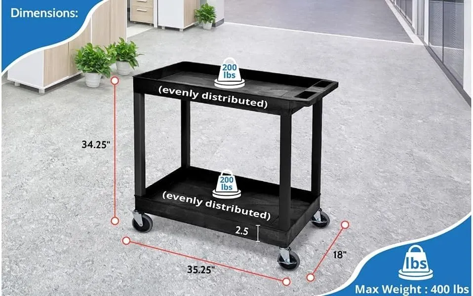 Mobile Multipurpose Utility Tub Cart with 2 Shelves, Push Handle, 400 lbs Capacity - Black, Ideal for Garage, Warehouse, Office, and More, 32 x 18 Inches