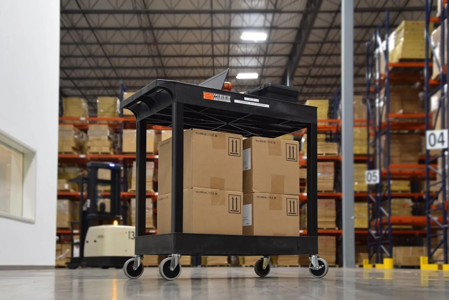 Mobile Multipurpose Utility Tub Cart with 2 Shelves, Push Handle, 400 lbs Capacity - Black, Ideal for Garage, Warehouse, Office, and More, 32 x 18 Inches