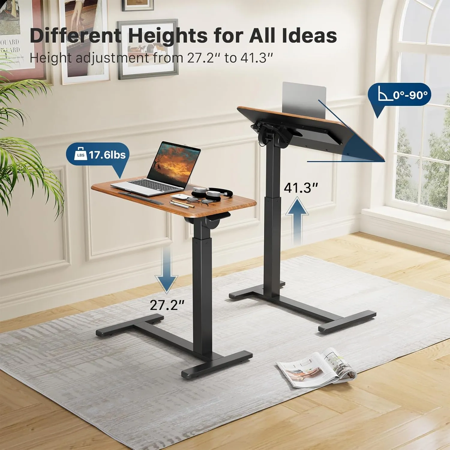 Mobile Standing Desk, Height Adjustable Rolling Laptop Desk, 90° Tiltable Overbed Bedside Table, Portable Computer Desk with Wheels, Foldable Laptop Cart for Home Office, Walnut