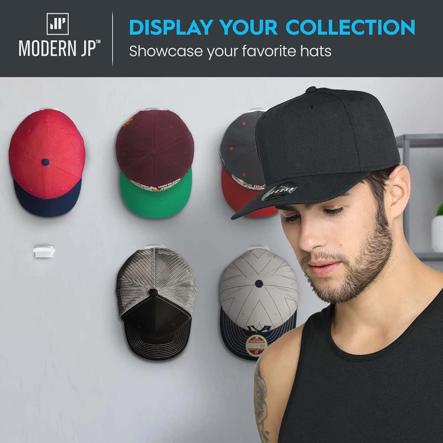 Modern JP Adhesive Hat Hooks for Wall (16-Pack) - Minimalist Hat Rack Design, No Drilling, Strong Hold Hat Hangers - USA Patented, White
