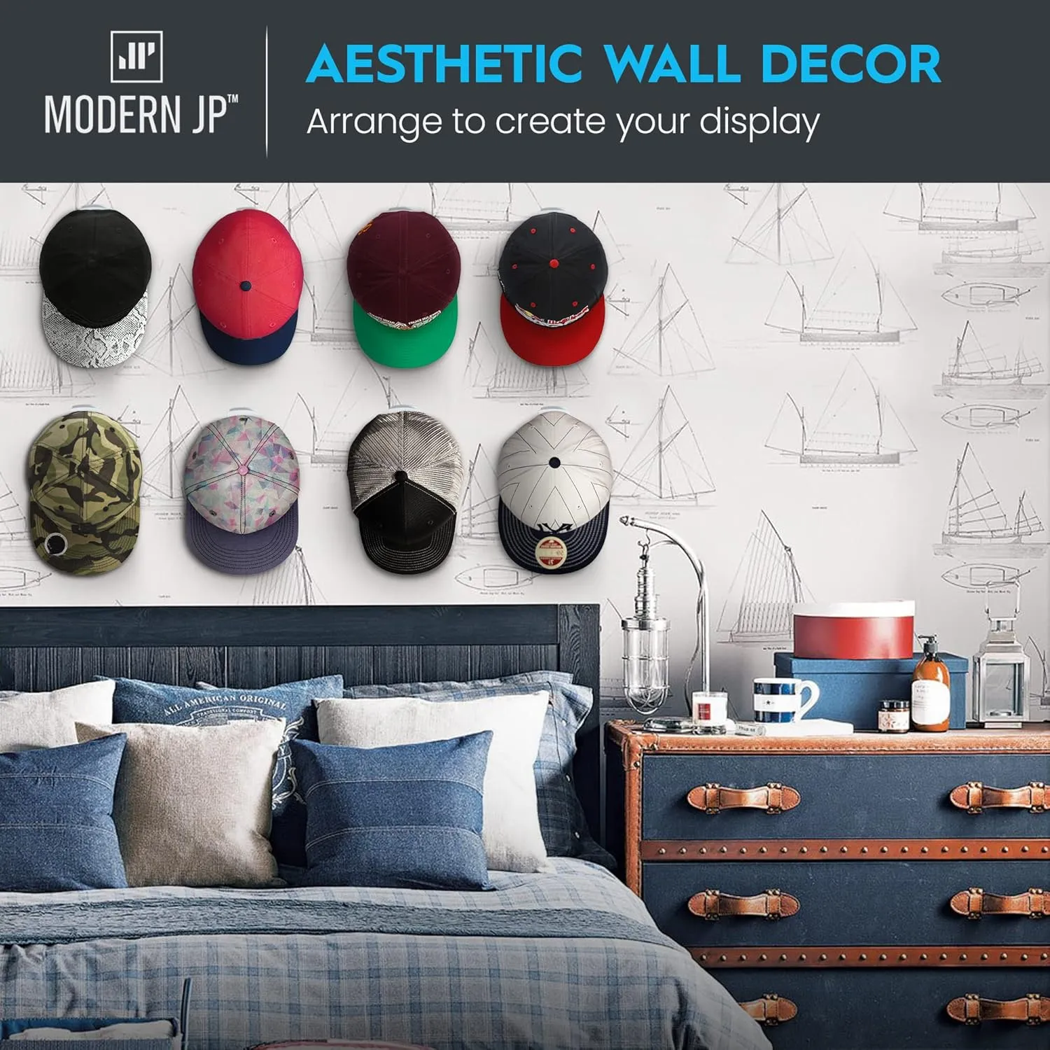 Modern JP Adhesive Hat Hooks for Wall (16-Pack) - Minimalist Hat Rack Design, No Drilling, Strong Hold Hat Hangers - USA Patented, White