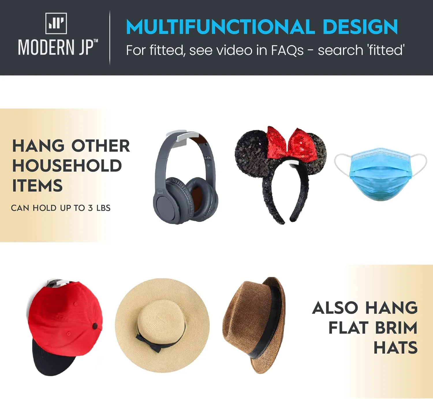 Modern JP Adhesive Hat Hooks for Wall (16-Pack) - Minimalist Hat Rack Design, No Drilling, Strong Hold Hat Hangers - USA Patented, White