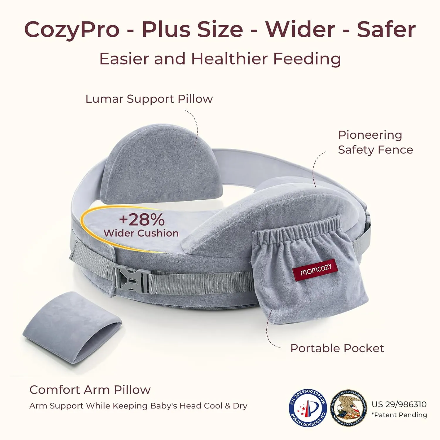 Momcozy CozyPro Nursing Pillow for Breastfeeding - All Around Ergonomic Comfort & Support - Pioneering Safety Fence - Plus Size Wider Feeding Pillow with Lumar Support for Easier and Healthier Nursing