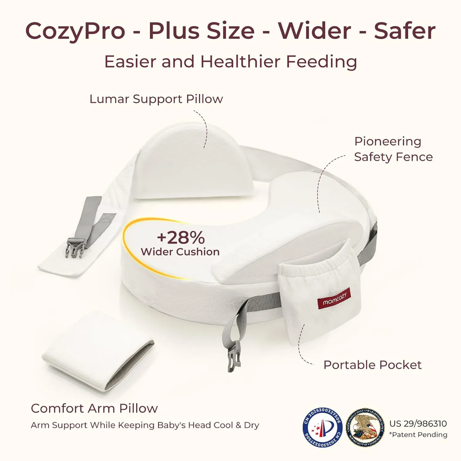 Momcozy CozyPro Nursing Pillow for Breastfeeding - All Around Ergonomic Comfort & Support - Pioneering Safety Fence - Plus Size Wider Feeding Pillow with Lumar Support for Easier and Healthier Nursing