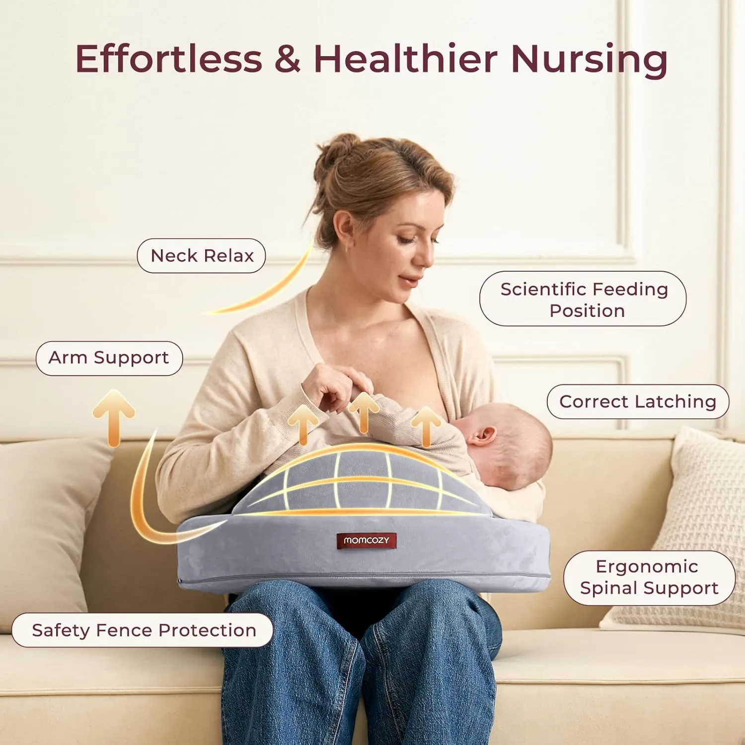 Momcozy Exclusive Memory Foam Nursing Pillow - Pioneering Safety Fence-Plus Size Breastfeeding Pillow for Ergonomic Comfort & Support-Easier and Healthier Nursing - Fit for All, Removable Cover