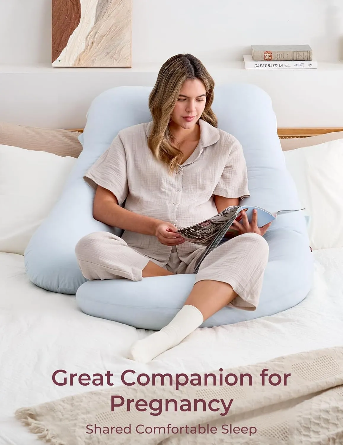 Momcozy Pregnancy Pillows for Sleeping, U Shaped Full Body Pillow 57 Inch for Pregnant Women with Back, Hip, Leg, Belly Support, Washable Jersey Cotton Cover Included, Light Blue