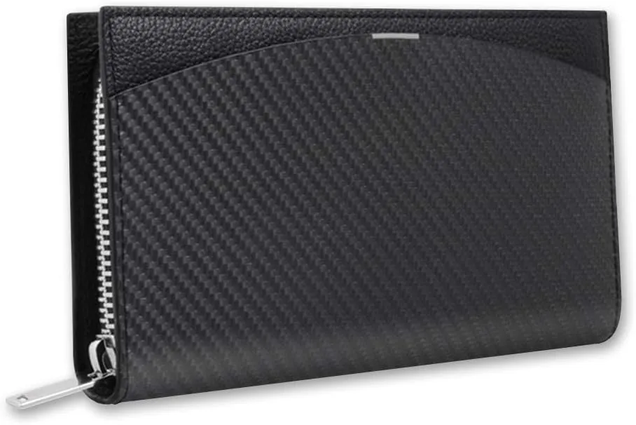 MON CARBONE BlackLabel Travel Wallet: Minimalist, Carbon Fiber, Genuine Italian Leather, Slim Passport Holder, Long Organizer for Cards & Cash, Zipper Closure, All-in-one Travel Storage (Black)
