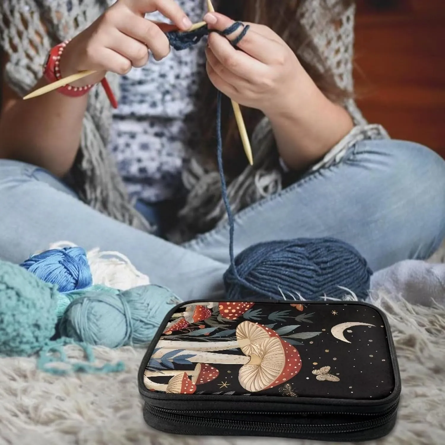 Moon Mushroom Crochet Hook Case Organizer Easy to Clean Knitting Needle Storage with Web Pockets Crochet Hook Case for Travel Lightweight