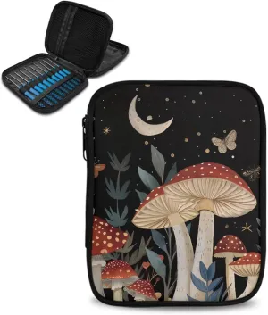 Moon Mushroom Crochet Hook Case Organizer Easy to Clean Knitting Needle Storage with Web Pockets Crochet Hook Case for Travel Lightweight