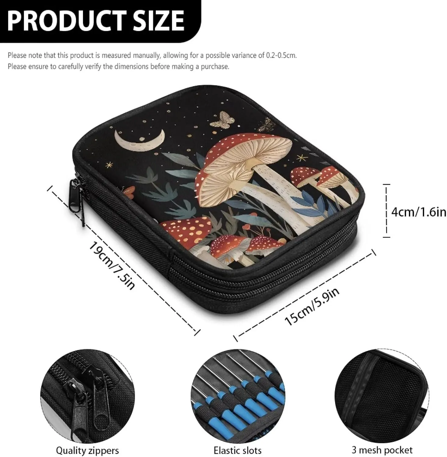 Moon Mushroom Crochet Hook Case Organizer Easy to Clean Knitting Needle Storage with Web Pockets Crochet Hook Case for Travel Lightweight
