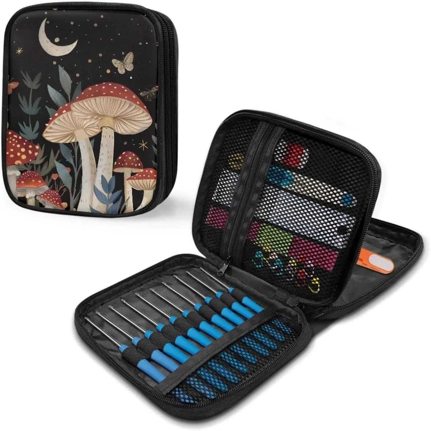 Moon Mushroom Crochet Hook Case Organizer Easy to Clean Knitting Needle Storage with Web Pockets Crochet Hook Case for Travel Lightweight