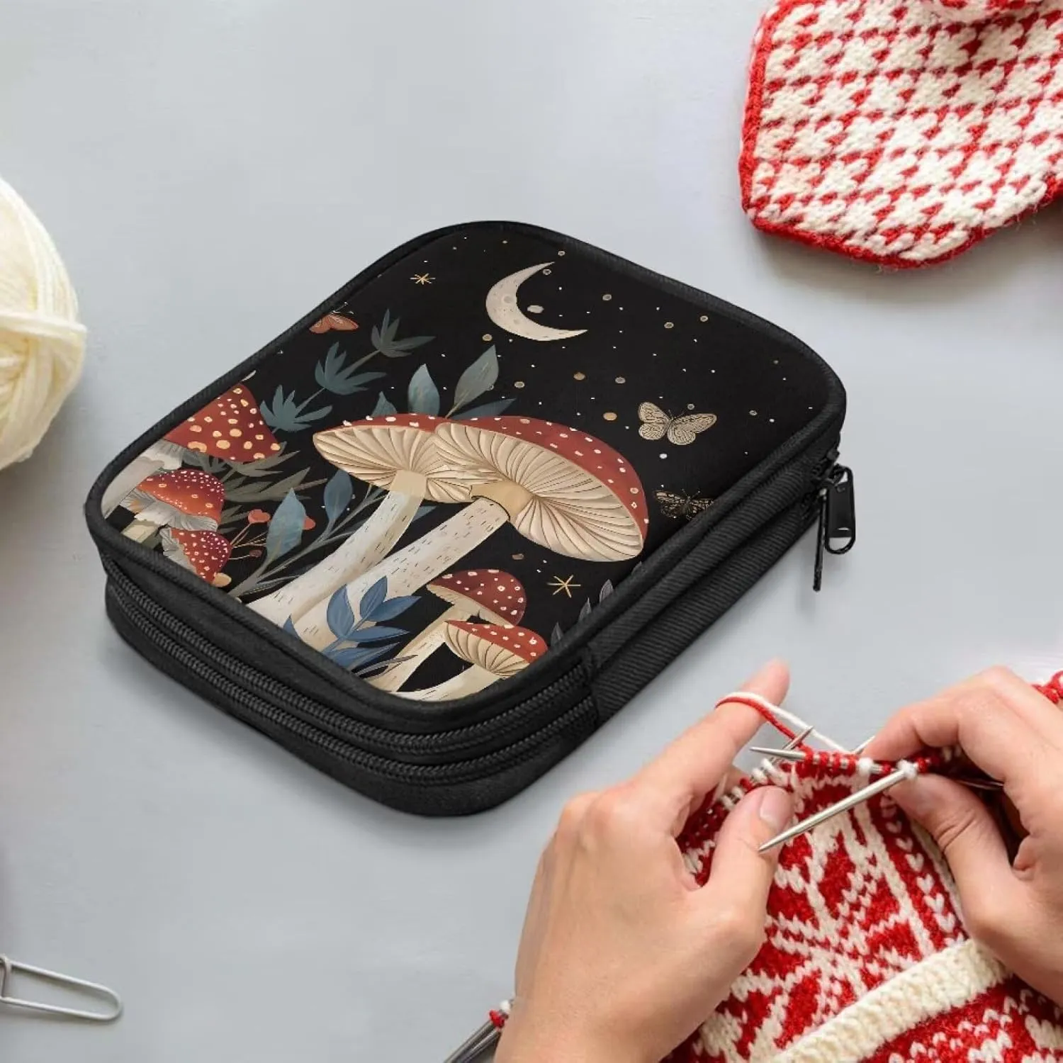 Moon Mushroom Crochet Hook Case Organizer Easy to Clean Knitting Needle Storage with Web Pockets Crochet Hook Case for Travel Lightweight