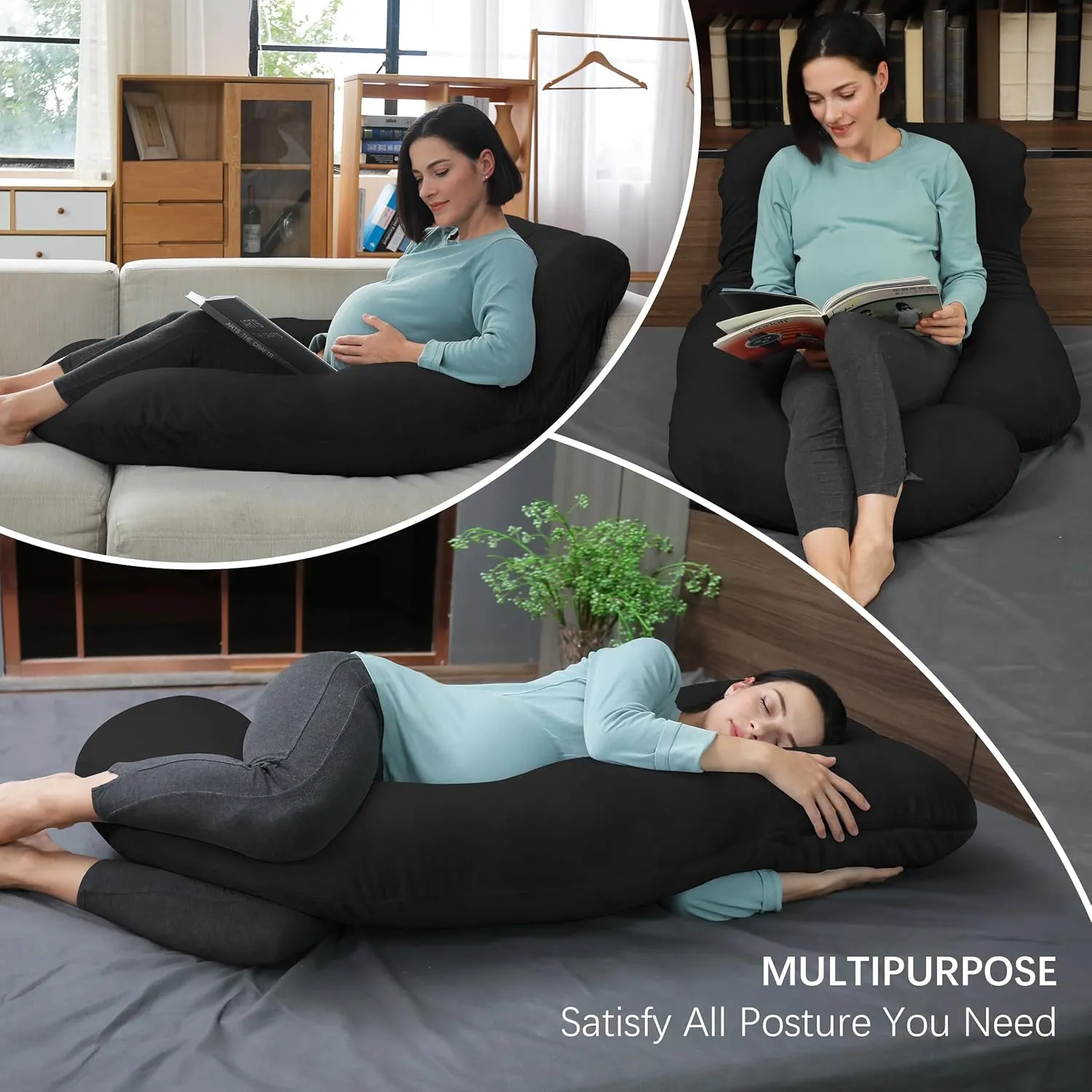 MOON PARK Pregnancy Pillows for Sleeping - U Shaped Full Body Maternity Pillow with Removable Cover - Support for Back, Legs, Belly, HIPS - 57 Inch Pregnancy Pillow for Women - Black