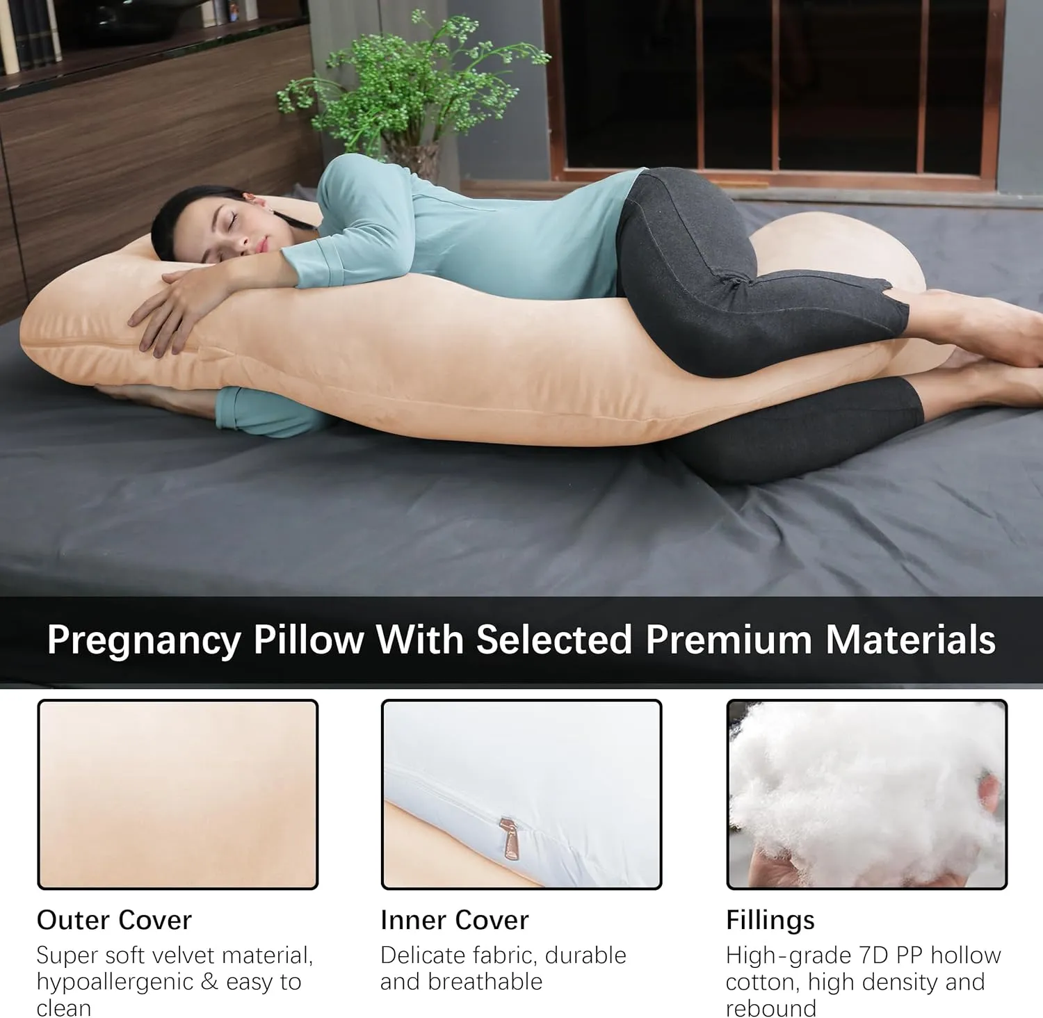MOON PARK Pregnancy Pillows for Sleeping - U Shaped Full Body Maternity Pillow with Removable Cover - Support for Back, Legs, Belly, HIPS - 57 Inch Pregnancy Pillow for Women - Brown