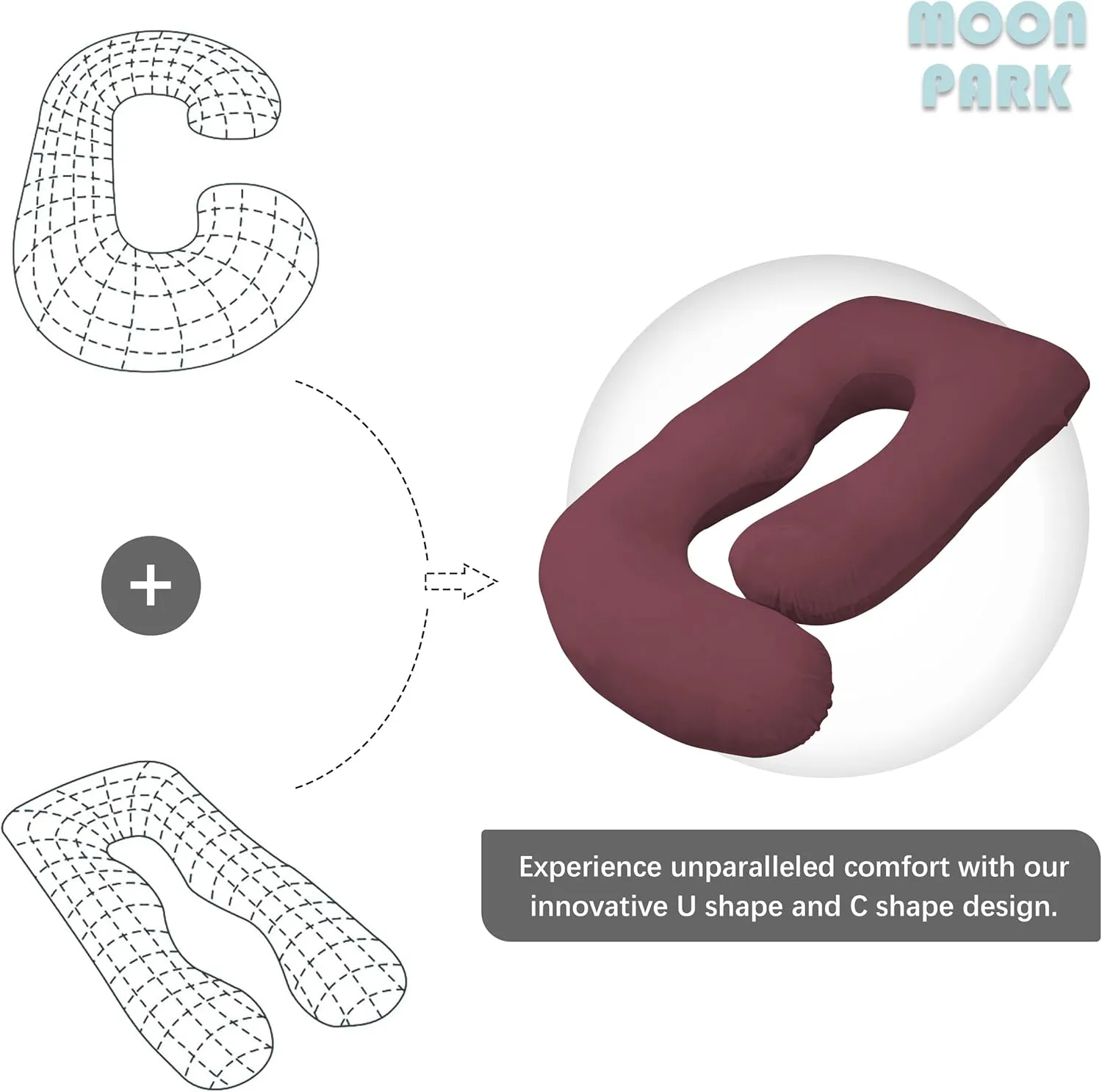 MOON PARK Pregnancy Pillows for Sleeping - U Shaped Full Body Maternity Pillow with Removable Cover - Support for Back, Legs, Belly, HIPS - 57 Inch Pregnancy Pillow for Women - Burgundy