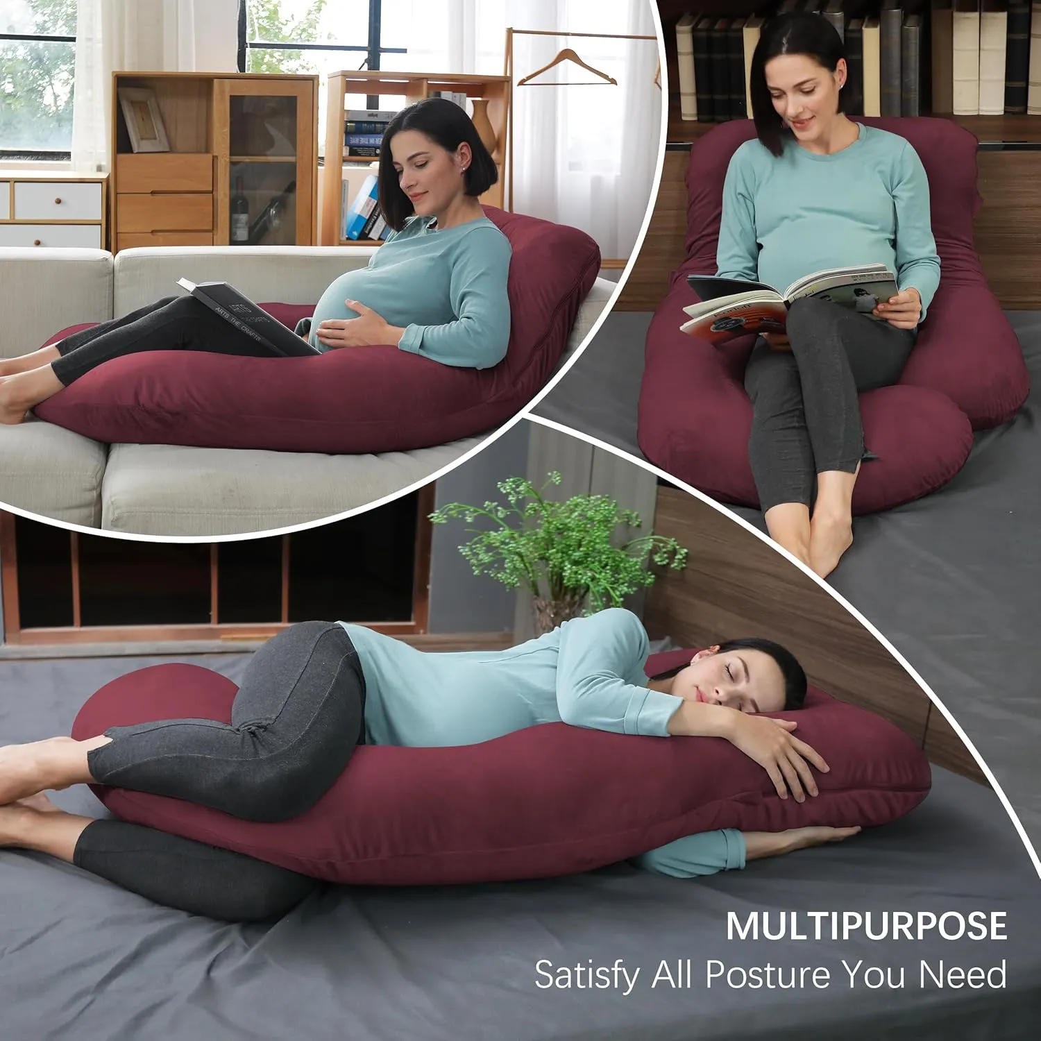 MOON PARK Pregnancy Pillows for Sleeping - U Shaped Full Body Maternity Pillow with Removable Cover - Support for Back, Legs, Belly, HIPS - 57 Inch Pregnancy Pillow for Women - Burgundy
