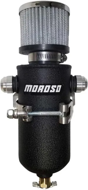 Moroso 85753 Black Powder Coated Aluminum Breather Tank Catch Can, 1 Qt, Dual 12AN Male Fittings