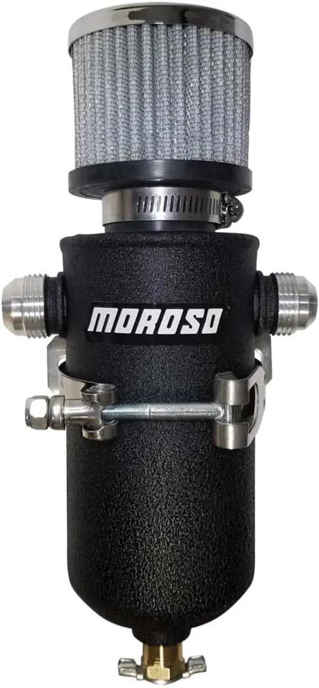 Moroso 85753 Black Powder Coated Aluminum Breather Tank Catch Can, 1 Qt, Dual 12AN Male Fittings