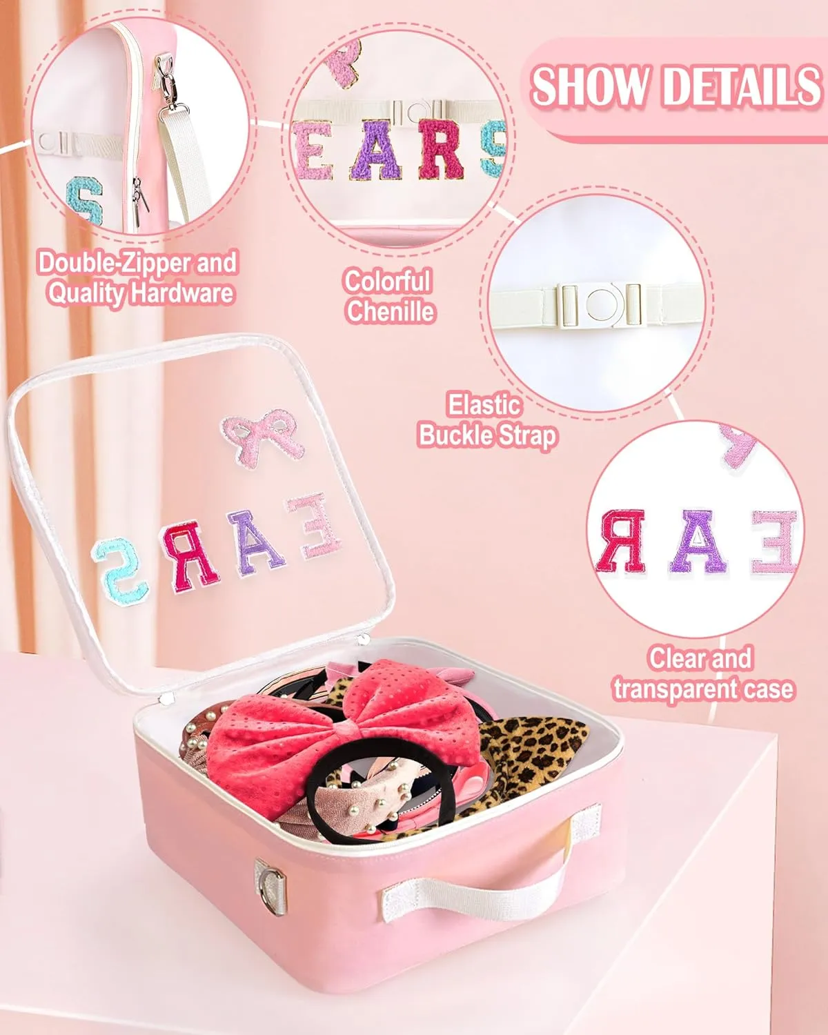 Mouse Ears Travel Case Multipocket Large Chenille Letter Mouse Ears Headband Holder with Shoulder Strap 11"x11"x4.5"