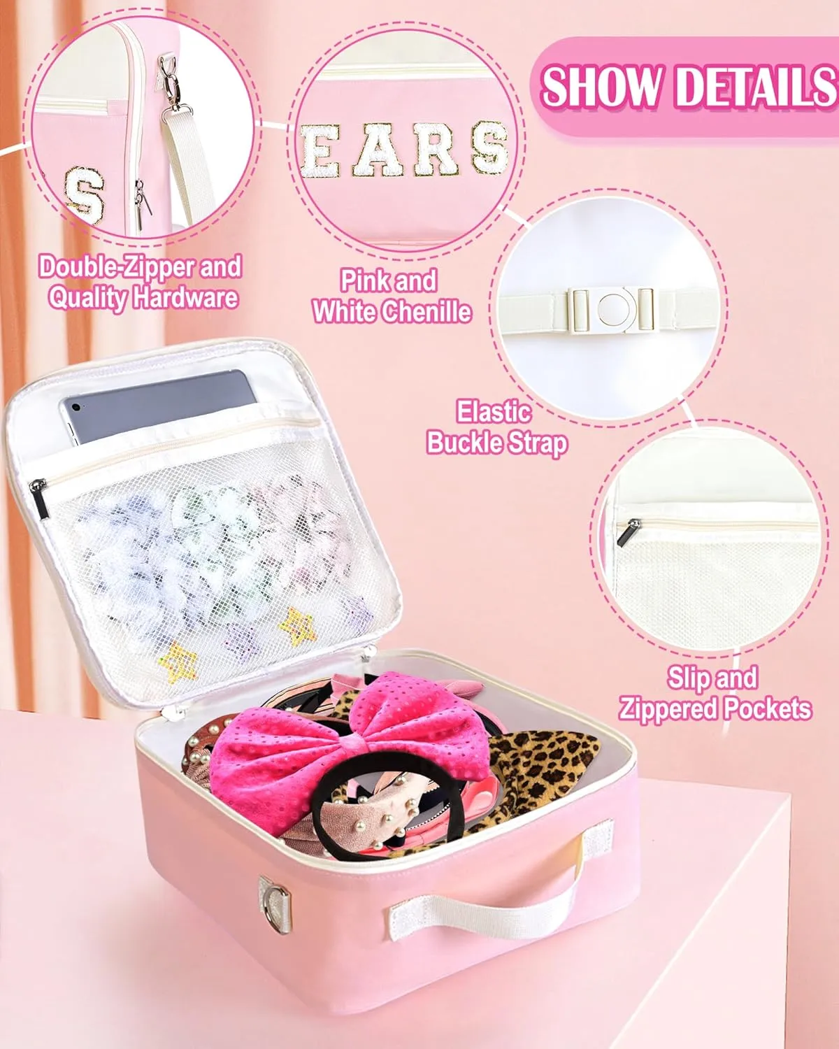 Mouse Ears Travel Case Multipocket Large Chenille Letter Mouse Ears Headband Holder with Shoulder Strap 11"x11"x4.5"