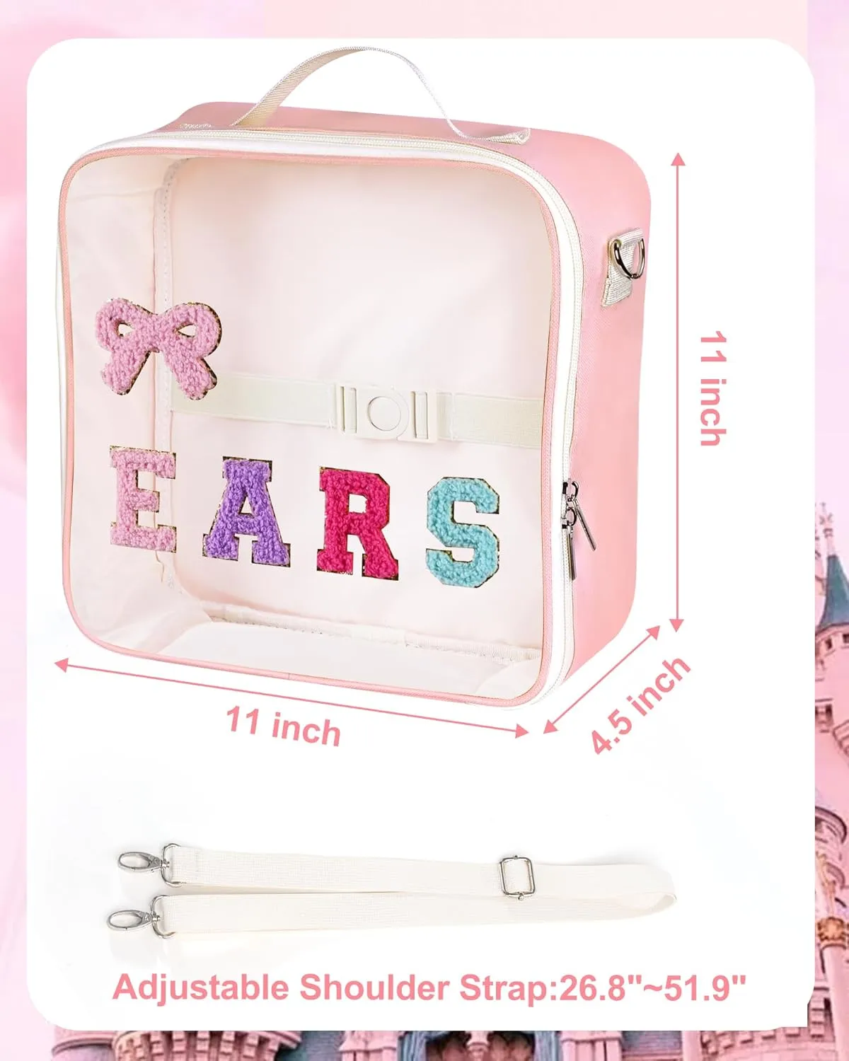 Mouse Ears Travel Case Multipocket Large Chenille Letter Mouse Ears Headband Holder with Shoulder Strap 11"x11"x4.5"