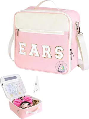 Mouse Ears Travel Case Multipocket Large Chenille Letter Mouse Ears Headband Holder with Shoulder Strap 11"x11"x4.5"