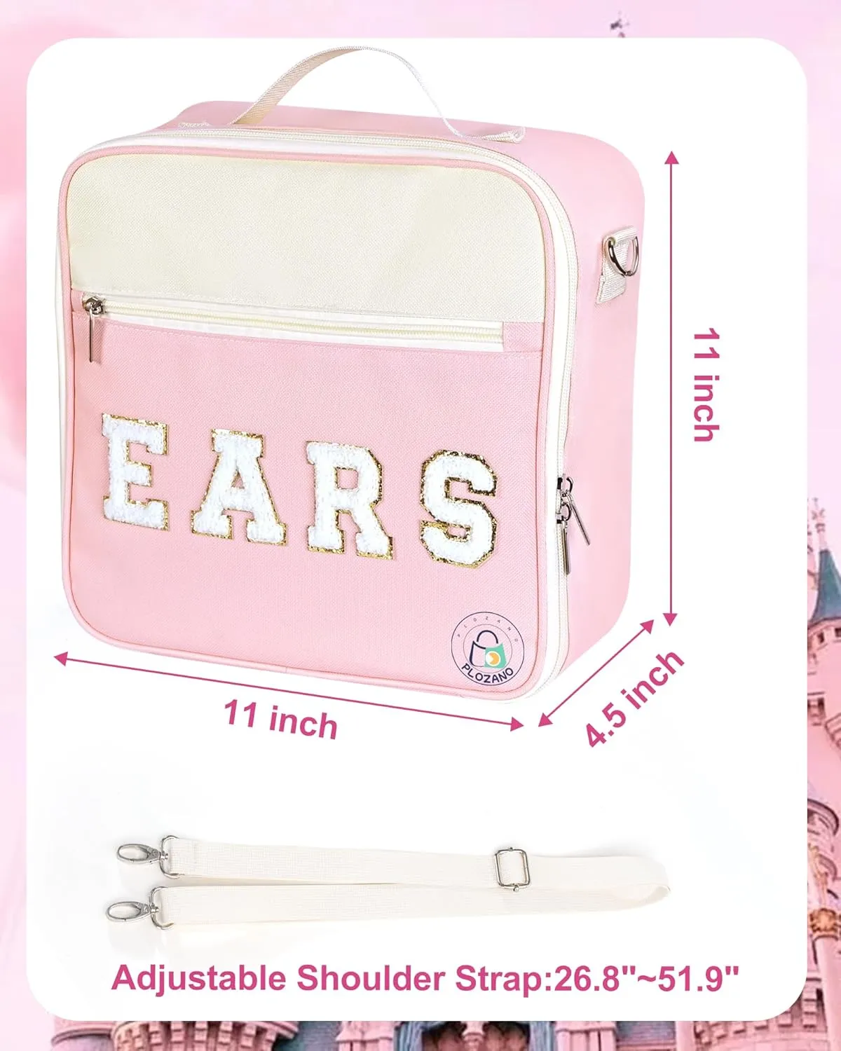Mouse Ears Travel Case Multipocket Large Chenille Letter Mouse Ears Headband Holder with Shoulder Strap 11"x11"x4.5"
