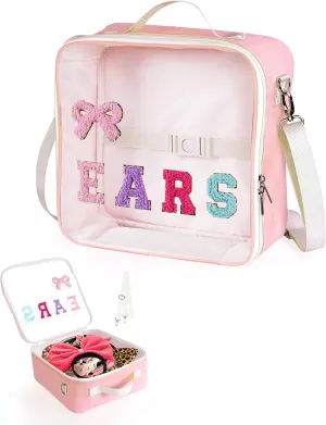 Mouse Ears Travel Case Multipocket Large Chenille Letter Mouse Ears Headband Holder with Shoulder Strap 11"x11"x4.5"