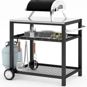 Movable Food Prep and Work Table Stainless Steel Grill Cart Modular Table with Wheels and Handle Double-Shelf Commercial Kitchen Tables Heavy Duty Pizza Oven Stand Outdoor