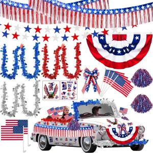MOVINPE 4th of July Car Parade Decorations Patriotic Golf Cart Decor, 2 x 4 American Flags Bunting Wreath Bow Fringe Garland Tinsel Banner Star Streamers Stickers for Independence Day Memorial Day