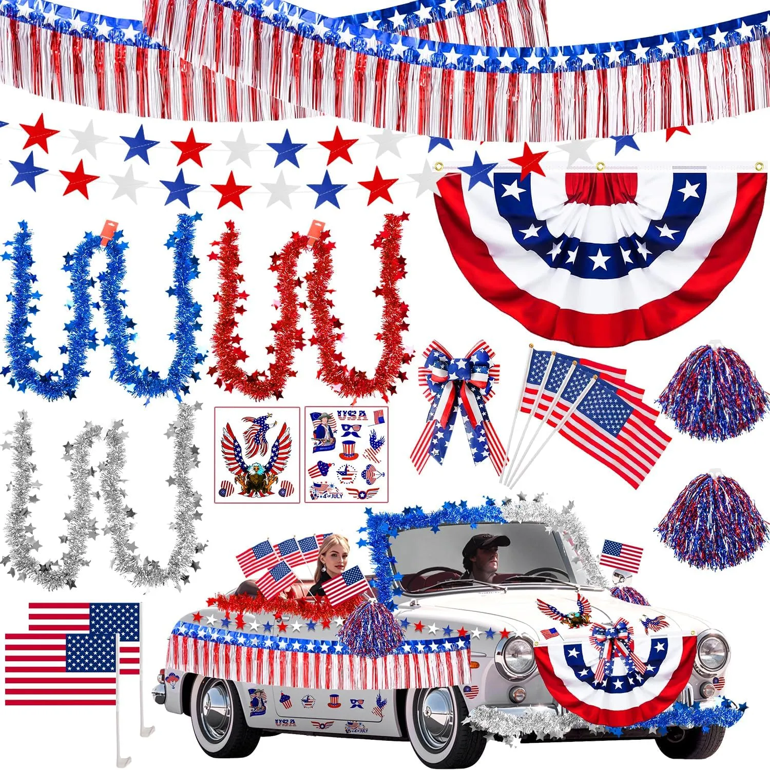 MOVINPE 4th of July Car Parade Decorations Patriotic Golf Cart Decor, 2 x 4 American Flags Bunting Wreath Bow Fringe Garland Tinsel Banner Star Streamers Stickers for Independence Day Memorial Day
