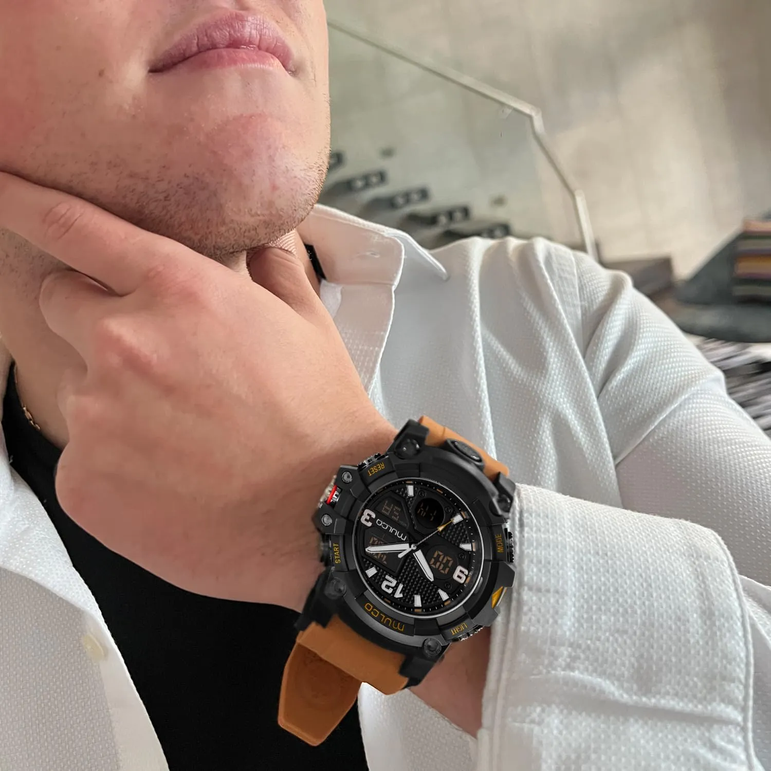 MULCO Watches for Men - Digital Watch & Analog Sport Watch, Black Stainless Steel Quartz with White Wrist Silicone Band, Large Face Premium Analog Display, 100m - Waterproof