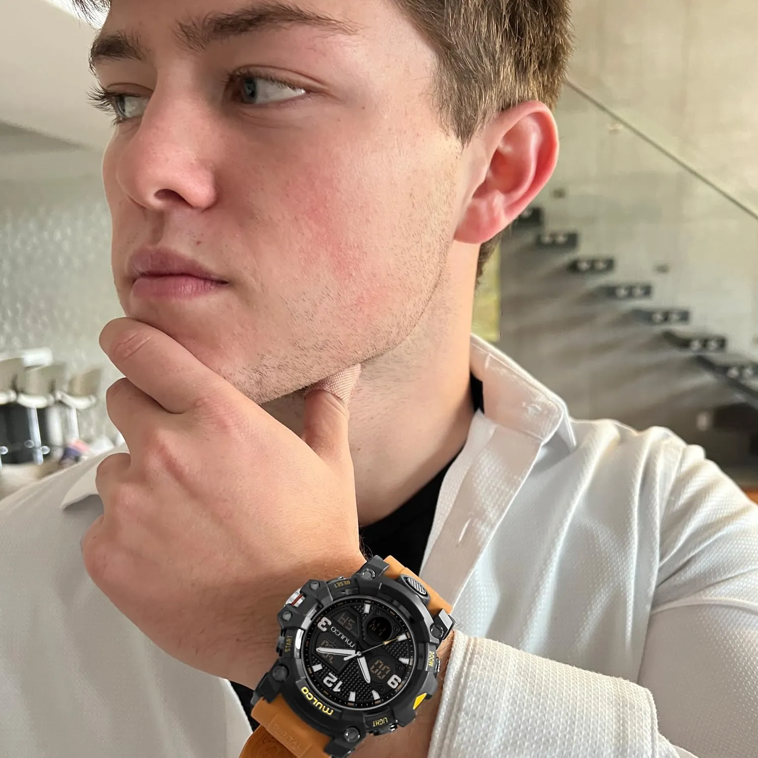 MULCO Watches for Men - Digital Watch & Analog Sport Watch, Black Stainless Steel Quartz with White Wrist Silicone Band, Large Face Premium Analog Display, 100m - Waterproof