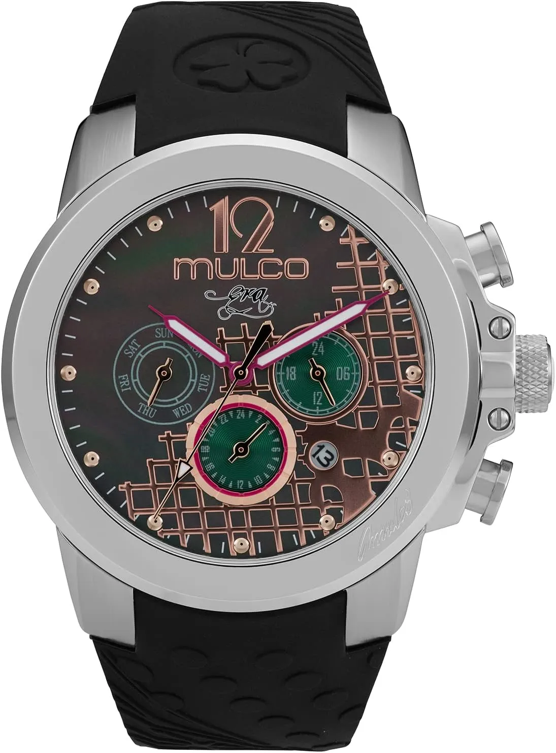 MULCO Watches for Women - Era, Silver Stainless Steel Case with Wrist Silicone Band, Quartz Multifunctional Movement, Large Face Analog Display - Crystals Stones and Rose Gold Accents, 100m Water Resistant - Waterproof