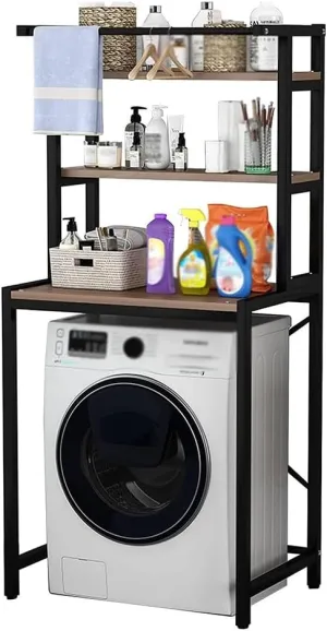 Multifunctional Over The Washer and Dryer Storage Shelf, Bathroom Space Saving Organizer Rack with Clothes Hanging Rod Rail, Balcony Towel Rack Handbag Rack, Bathroom Organization Shelving Units ( Col
